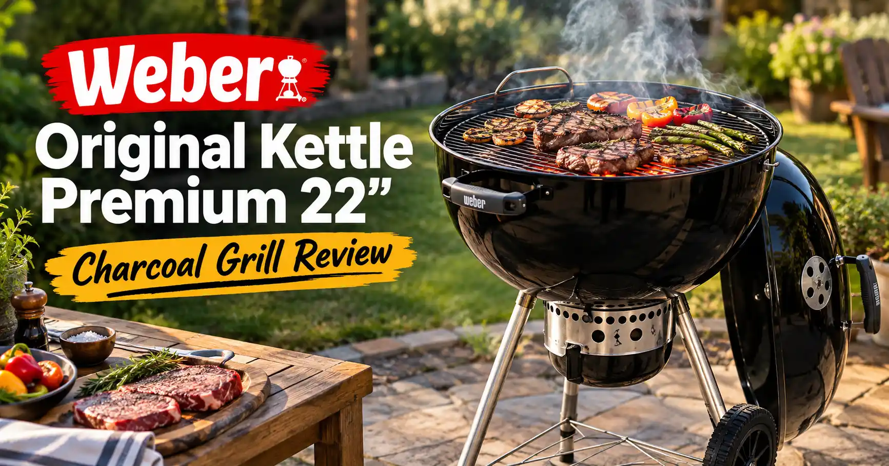 Weber-style 22-inch black kettle charcoal grill outdoors, with glowing charcoal and food cooking on the grate.